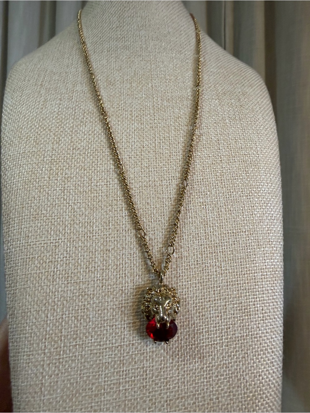 Gucci Gold Lion Head Necklace with Red Crystal Drop